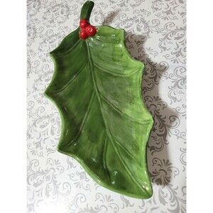 Maxcera Holly Berry  Porcelain Leaf Serving Dish 10" stem to point 5" wide. EUC